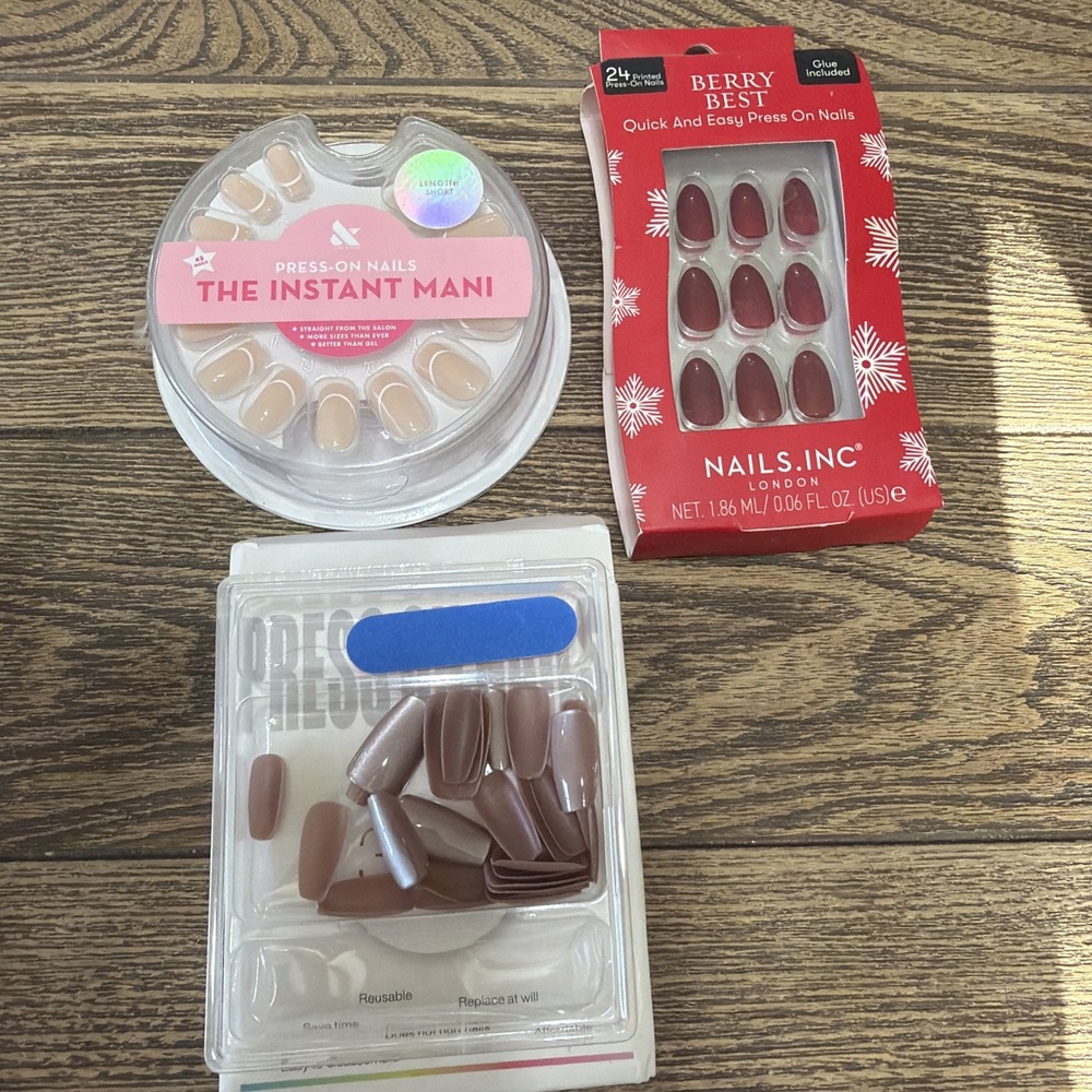 Instant Mani Press On Nails Pack Of 3 Coffin Almond Square Assorted Red Mauve